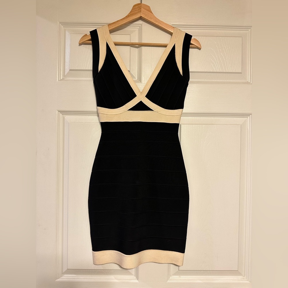 Black and ivory colored Herve Leger bandage dress size XS, great condition